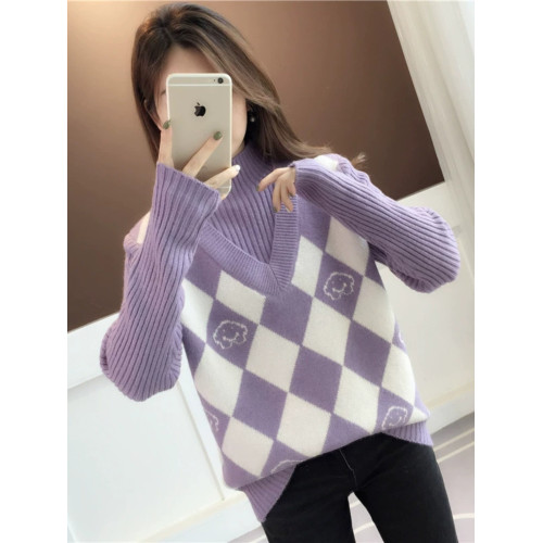 秋季假兩件半高領高級感超好看毛衣女秋冬2024新款針織打底衫上衣