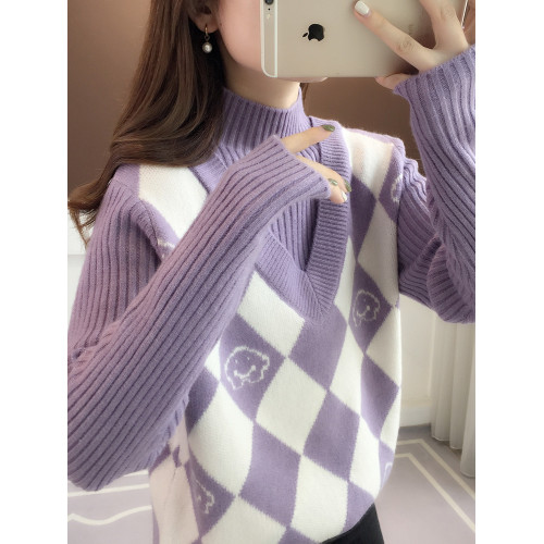 秋季假兩件半高領高級感超好看毛衣女秋冬2024新款針織打底衫上衣