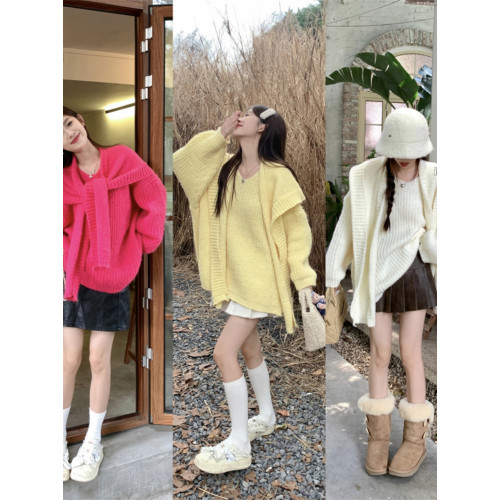 慵懶風寬松長袖連帽毛衣女初秋穿搭韓系爆款通勤針織衫兩件套上衣