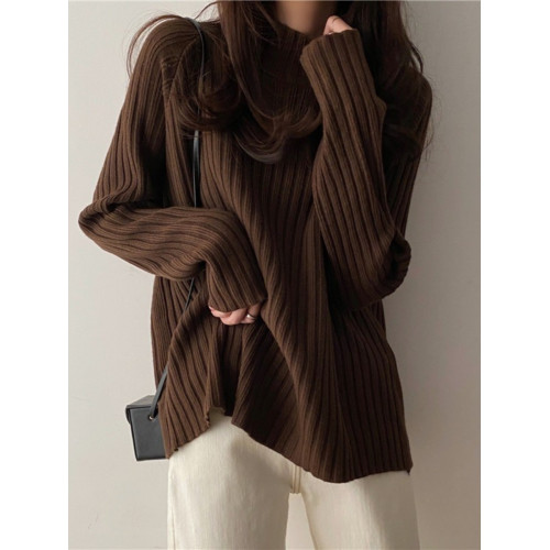 大碼咖色毛衣女早春秋冬季胖mm中長款寬松慵懶風半高領針織打底衫