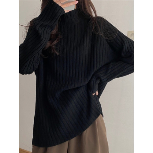 大碼咖色毛衣女早春秋冬季胖mm中長款寬松慵懶風半高領針織打底衫