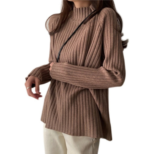 大碼咖色毛衣女早春秋冬季胖mm中長款寬松慵懶風半高領針織打底衫