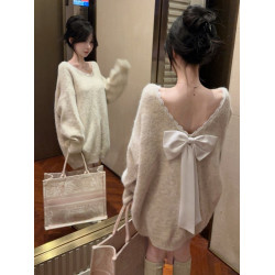 小香風蝴蝶結慵懶風毛衣女秋冬高級感一字肩上衣中長款聖誕針織衫