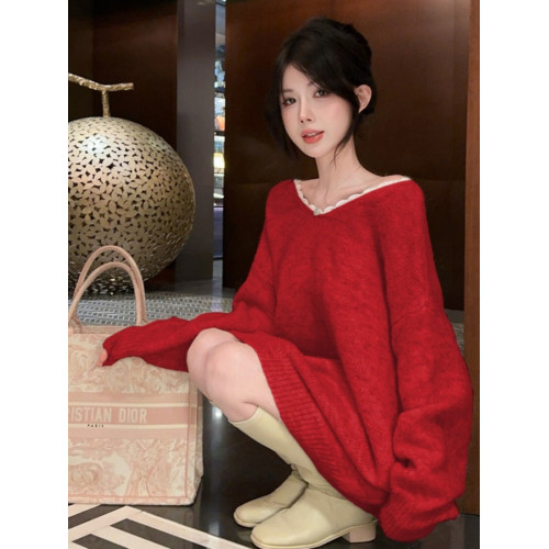 小香風蝴蝶結慵懶風毛衣女秋冬高級感一字肩上衣中長款聖誕針織衫