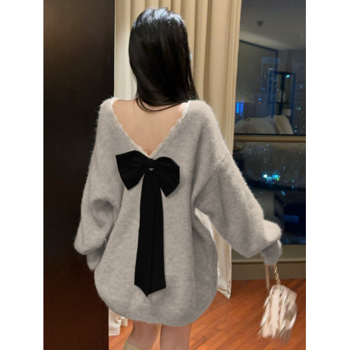 小香風蝴蝶結慵懶風毛衣女秋冬高級感一字肩上衣中長款聖誕針織衫