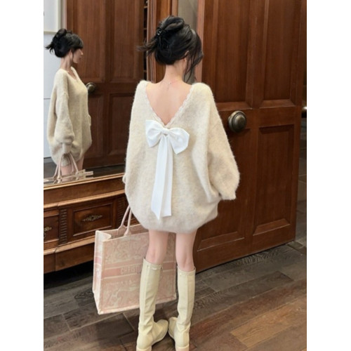 小香風蝴蝶結慵懶風毛衣女秋冬高級感一字肩上衣中長款聖誕針織衫