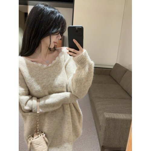 小香風蝴蝶結慵懶風毛衣女秋冬高級感一字肩上衣中長款聖誕針織衫