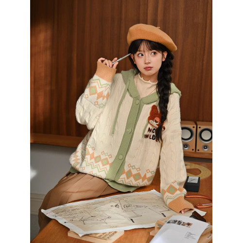 瘋狂動物城硃迪尼克學院風菱格拼色連帽毛衣開衫針織外套女秋冬季