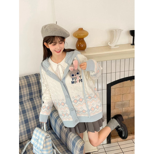 瘋狂動物城硃迪尼克學院風菱格拼色連帽毛衣開衫針織外套女秋冬季