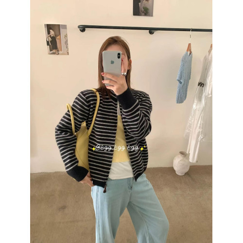 韓代同款東大門egg條紋外套高領厚重結實感～細線針織開衫 冬新款