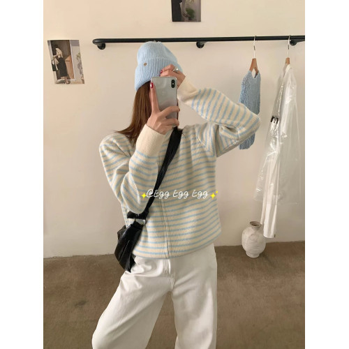 韓代同款東大門egg條紋外套高領厚重結實感～細線針織開衫 冬新款