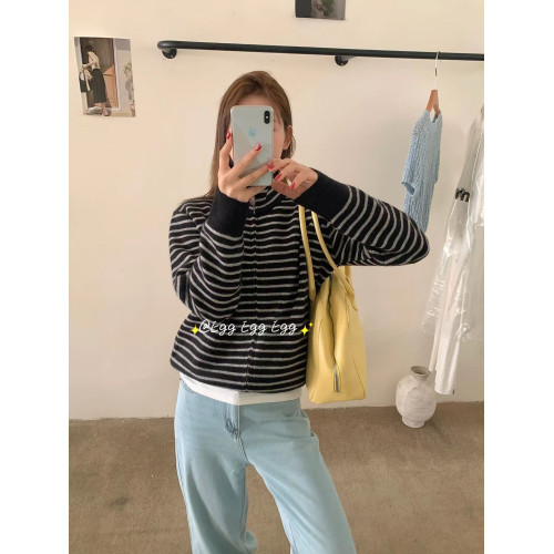 韓代同款東大門egg條紋外套高領厚重結實感～細線針織開衫 冬新款