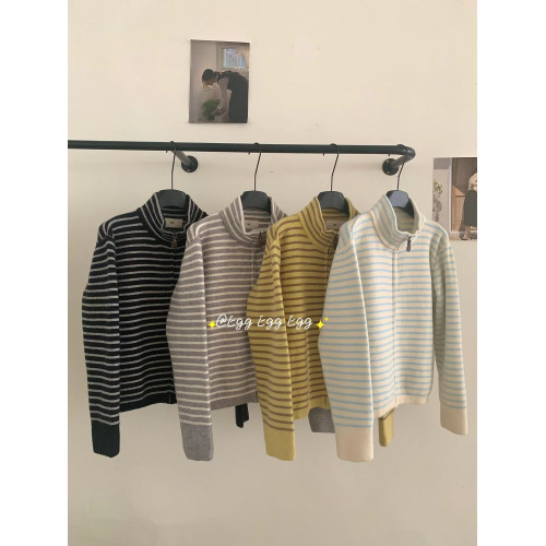 韓代同款東大門egg條紋外套高領厚重結實感～細線針織開衫 冬新款