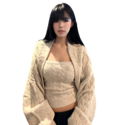 慵懶風針織上衣套裝女秋冬季新款辣妹抹胸麻花毛衣開衫外套兩件套