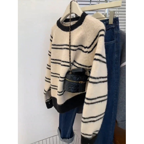 浣熊絨軟糯套頭短款條紋毛衣女秋冬冬季加厚內搭小個子打底針織衫