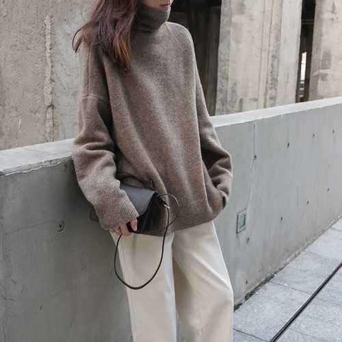 2025年新款重磅歐美高領羊毛衫女加厚毛衣寬松套頭慵懶風針織打底