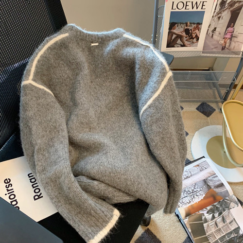 韓系復古灰色毛衣女秋冬2023新款小衆軟糯慵懶風寬松針織打底上衣