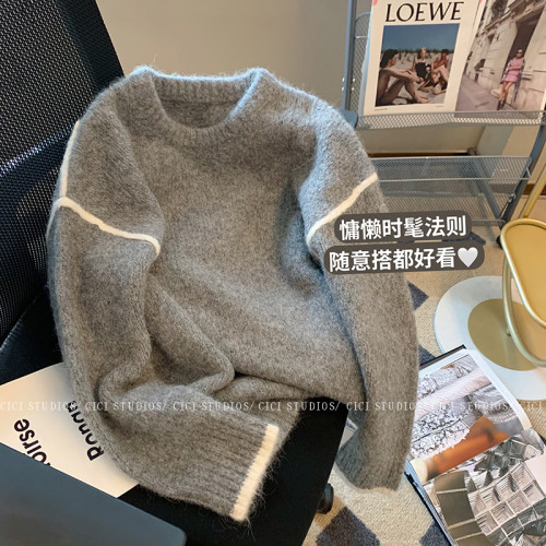 韓系復古灰色毛衣女秋冬2023新款小衆軟糯慵懶風寬松針織打底上衣