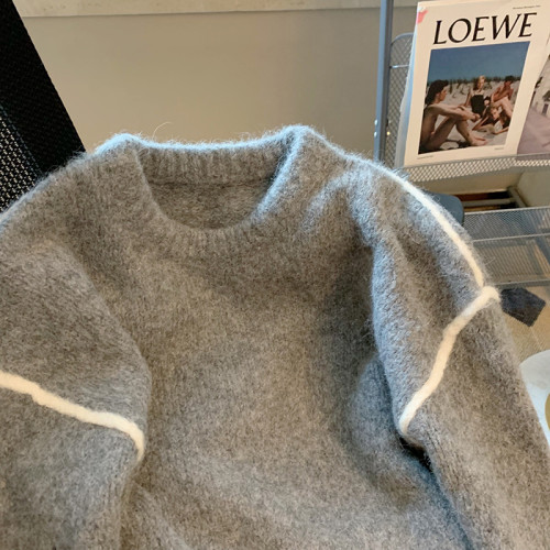 韓系復古灰色毛衣女秋冬2023新款小衆軟糯慵懶風寬松針織打底上衣