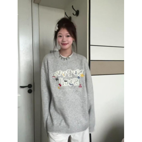 慵懶風高級感灰色彩色字母刺綉毛衣女秋冬韓系寬松軟糯針織衫上衣