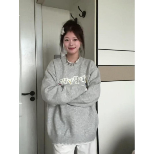 慵懶風高級感灰色彩色字母刺綉毛衣女秋冬韓系寬松軟糯針織衫上衣