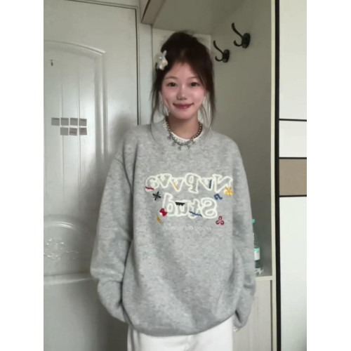慵懶風高級感灰色彩色字母刺綉毛衣女秋冬韓系寬松軟糯針織衫上衣