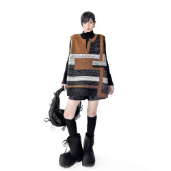 美拉德復古風撞色拼接毛衣馬甲女2025冬新款時尚寬松無袖針織背心