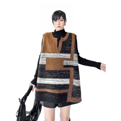 美拉德復古風撞色拼接毛衣馬甲女2025冬新款時尚寬松無袖針織背心