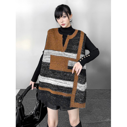 美拉德復古風撞色拼接毛衣馬甲女2025冬新款時尚寬松無袖針織背心