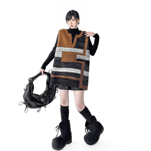 美拉德復古風撞色拼接毛衣馬甲女2025冬新款時尚寬松無袖針織背心