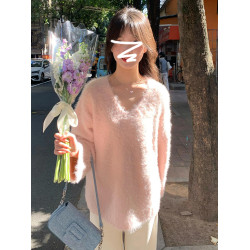 奶fufu套頭v領粉色毛衣女秋冬小個子2025新款高級感慵懶針織上衣