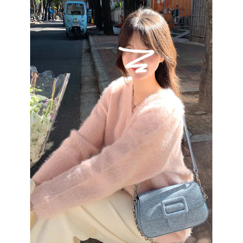 奶fufu套頭v領粉色毛衣女秋冬小個子2025新款高級感慵懶針織上衣