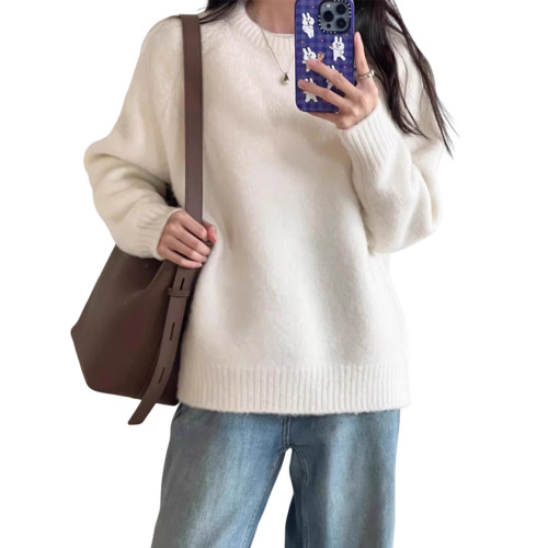 白色套頭圓領毛衣女秋冬季2025新款慵懶高級感內搭打底針織衫上衣