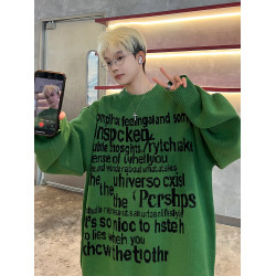 字母提花毛衣男秋冬季日系復古vintage寬松青少年保暖外穿針織衫