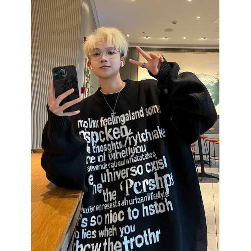 字母提花毛衣男秋冬季日系復古vintage寬松青少年保暖外穿針織衫