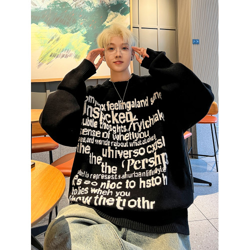 字母提花毛衣男秋冬季日系復古vintage寬松青少年保暖外穿針織衫