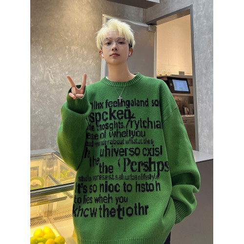 字母提花毛衣男秋冬季日系復古vintage寬松青少年保暖外穿針織衫