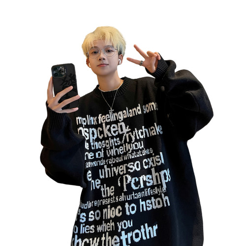 字母提花毛衣男秋冬季日系復古vintage寬松青少年保暖外穿針織衫