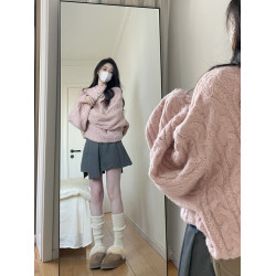 秋裝2025年新款高級感爆款粉色針織圓領小衆慵懶風法式毛衣女秋冬