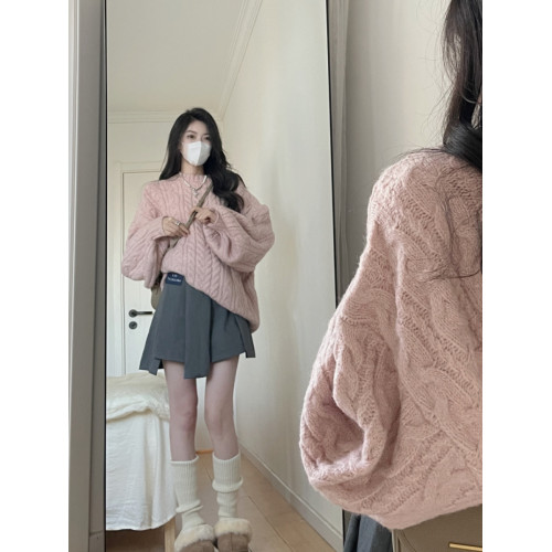 秋裝2025年新款高級感爆款粉色針織圓領小衆慵懶風法式毛衣女秋冬