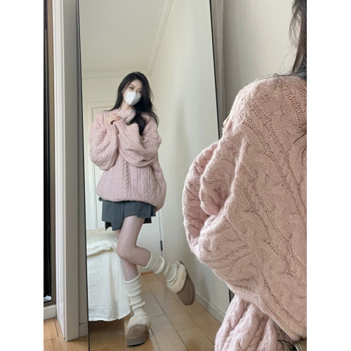 秋裝2025年新款高級感爆款粉色針織圓領小衆慵懶風法式毛衣女秋冬