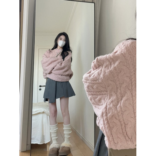 秋裝2025年新款高級感爆款粉色針織圓領小衆慵懶風法式毛衣女秋冬