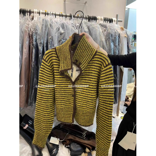 韓國東大門秋季新款韓版寬松顯瘦復古條紋針織開衫單排釦毛衣外套