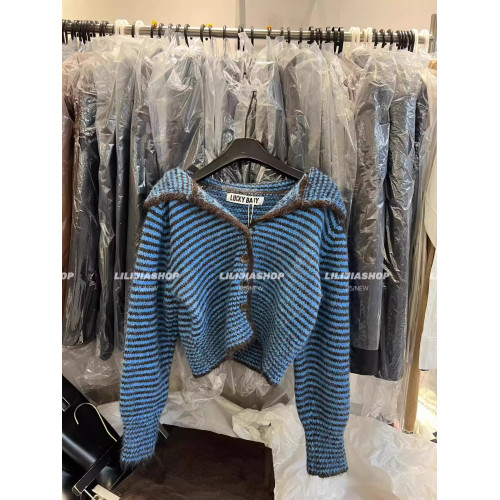 韓國東大門秋季新款韓版寬松顯瘦復古條紋針織開衫單排釦毛衣外套