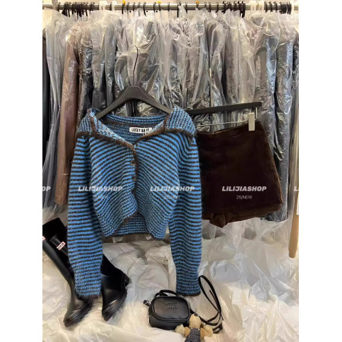 韓國東大門秋季新款韓版寬松顯瘦復古條紋針織開衫單排釦毛衣外套