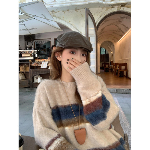 撞色條紋毛衣女秋冬軟糯慵懶松弛感復古韓系寬松針織衫上衣中長款