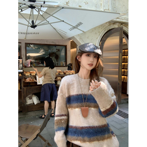 撞色條紋毛衣女秋冬軟糯慵懶松弛感復古韓系寬松針織衫上衣中長款