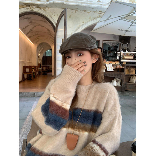 撞色條紋毛衣女秋冬軟糯慵懶松弛感復古韓系寬松針織衫上衣中長款