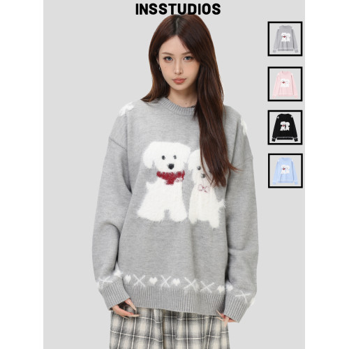 INSstudios 國潮牌美式「毛絨小狗提花套頭毛衣」寬松保暖針織衫