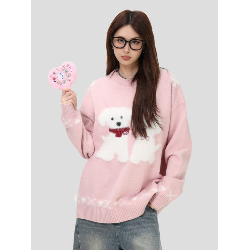 INSstudios 國潮牌美式「毛絨小狗提花套頭毛衣」寬松保暖針織衫